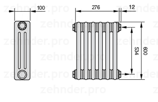 Схема (чертеж) Радиатор Zehnder Charleston 3060/6 №7610 Белый глянцевый RAL 9016